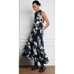 G.‎ Label by Goop Sz 12 Sammy Pleat Neck Floral Print Mid Length Silk Dress #CD1